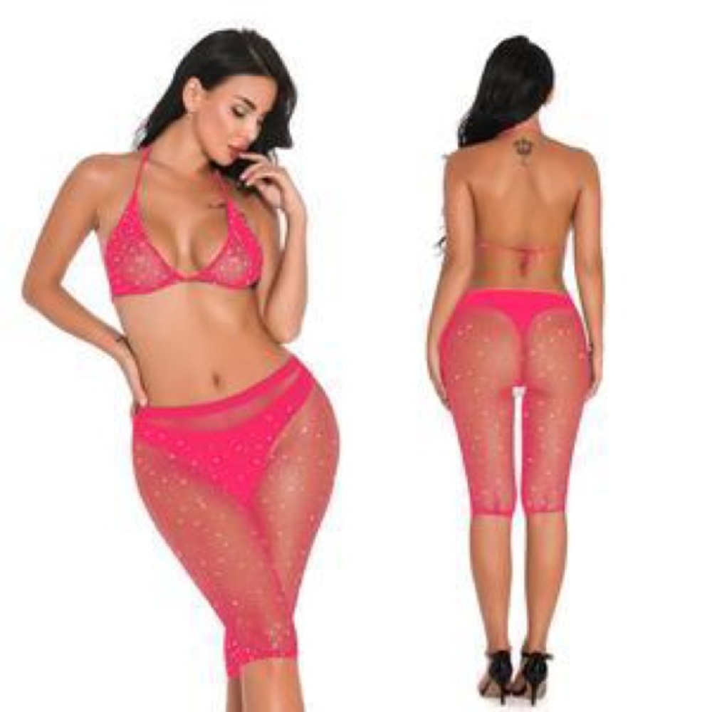 2 PC Rhinestone Mesh Triangle Bra & Biker Short